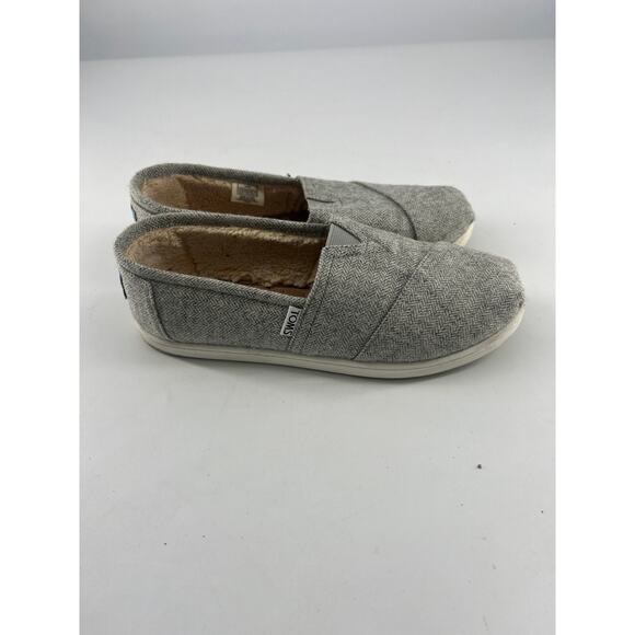 Toms Classic Grey Wool Herringbone Shoes Youth Size 5.5 Gray Flat Slip On Box - Picture 2 of 8